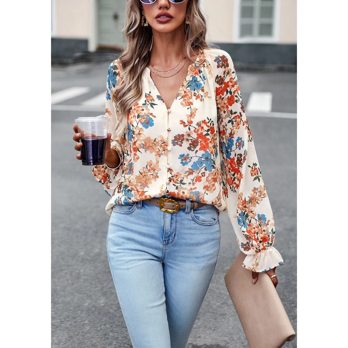 Women's Tops Casual Floral Print V Neck Long Sleeve Shirts Loose Chiffon Blouses Shirts Tops