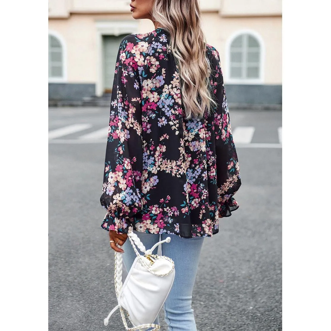 Women's Tops Casual Floral Print V Neck Long Sleeve Shirts Loose Chiffon Blouses Shirts Tops