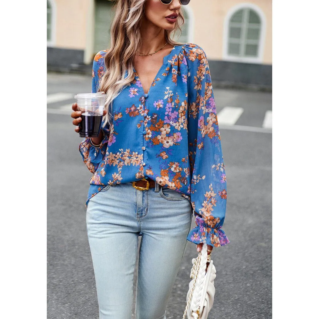Women's Tops Casual Floral Print V Neck Long Sleeve Shirts Loose Chiffon Blouses Shirts Tops