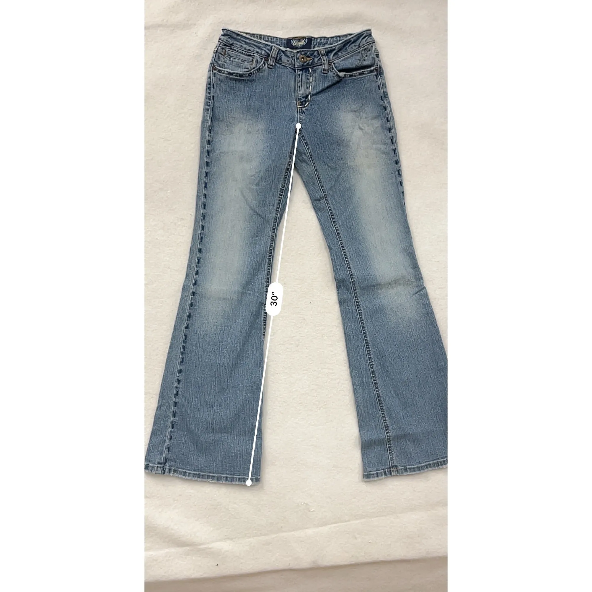 Women’s Y2K Angels Blue Flared Jeans Size 5 With Embellished Pockets & Faded Wash #6738
