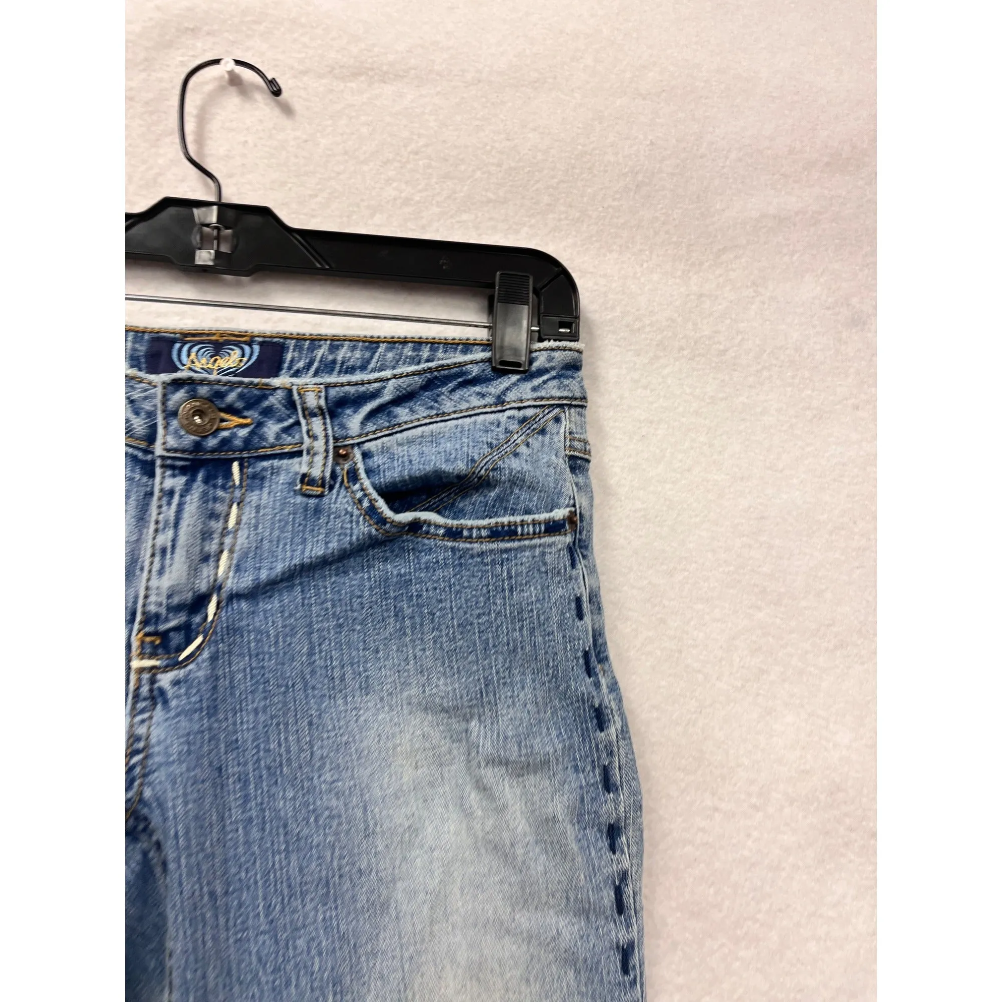 Women’s Y2K Angels Blue Flared Jeans Size 5 With Embellished Pockets & Faded Wash #6738