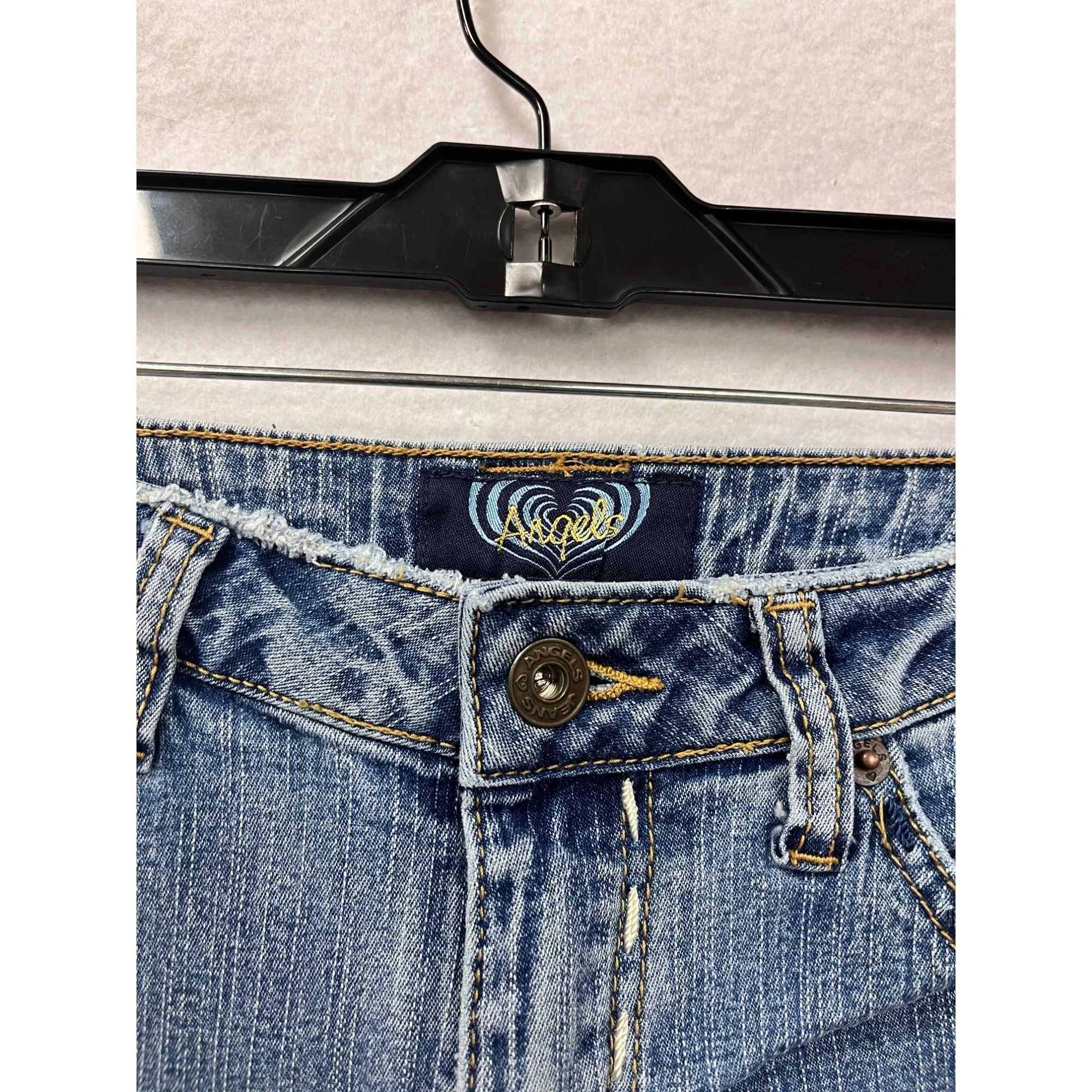 Women’s Y2K Angels Blue Flared Jeans Size 5 With Embellished Pockets & Faded Wash #6738