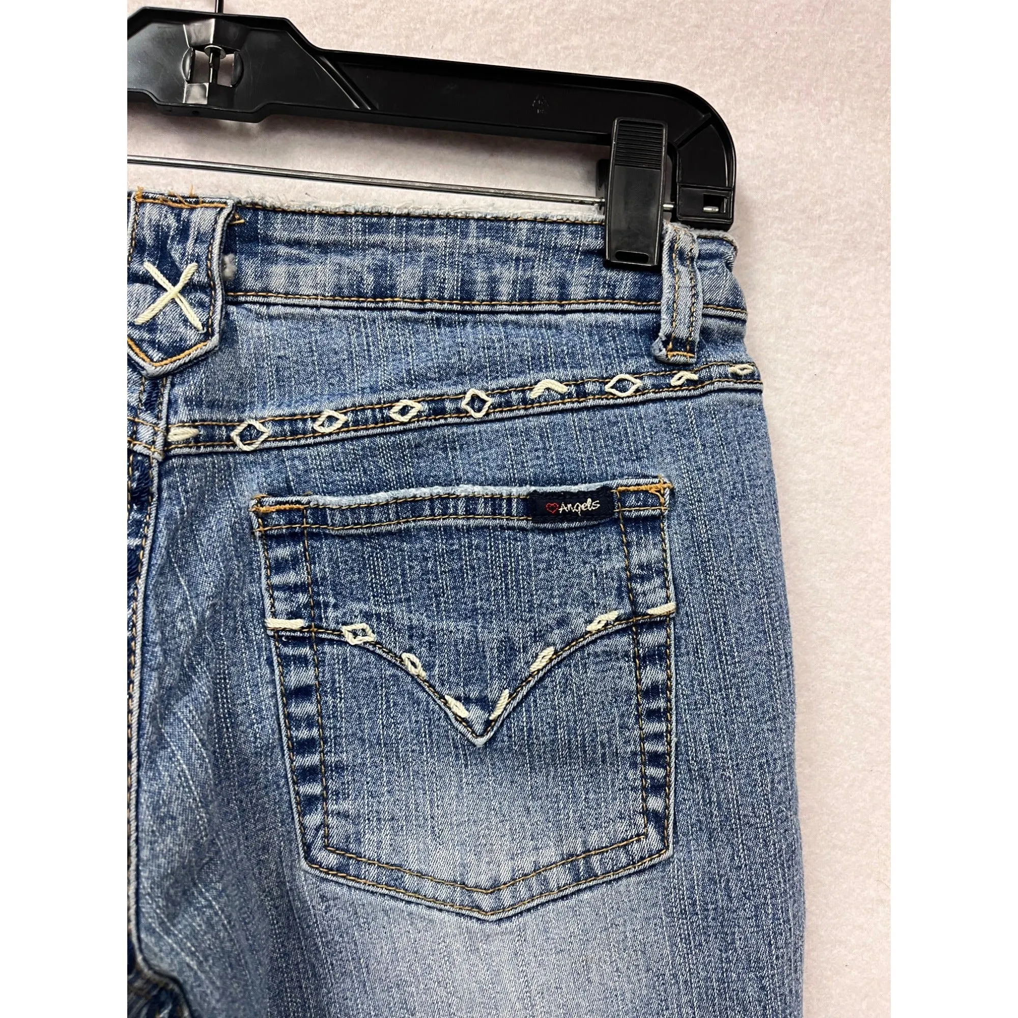 Women’s Y2K Angels Blue Flared Jeans Size 5 With Embellished Pockets & Faded Wash #6738