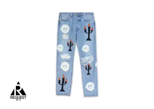 x Off-White Embroidered Cotton Wreath/Candle Denim "Light Wash"
