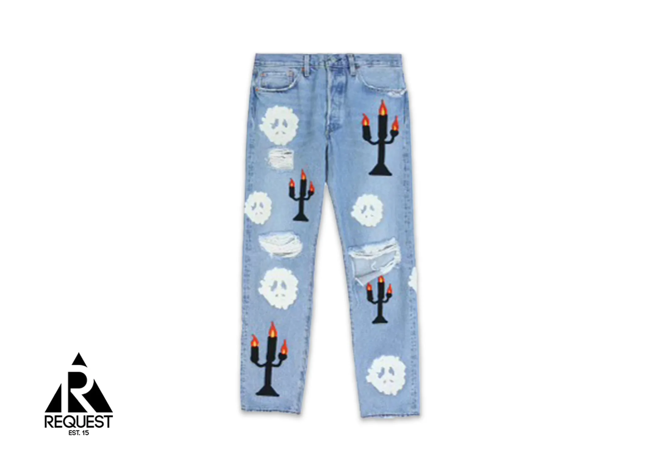x Off-White Embroidered Cotton Wreath/Candle Denim "Light Wash"